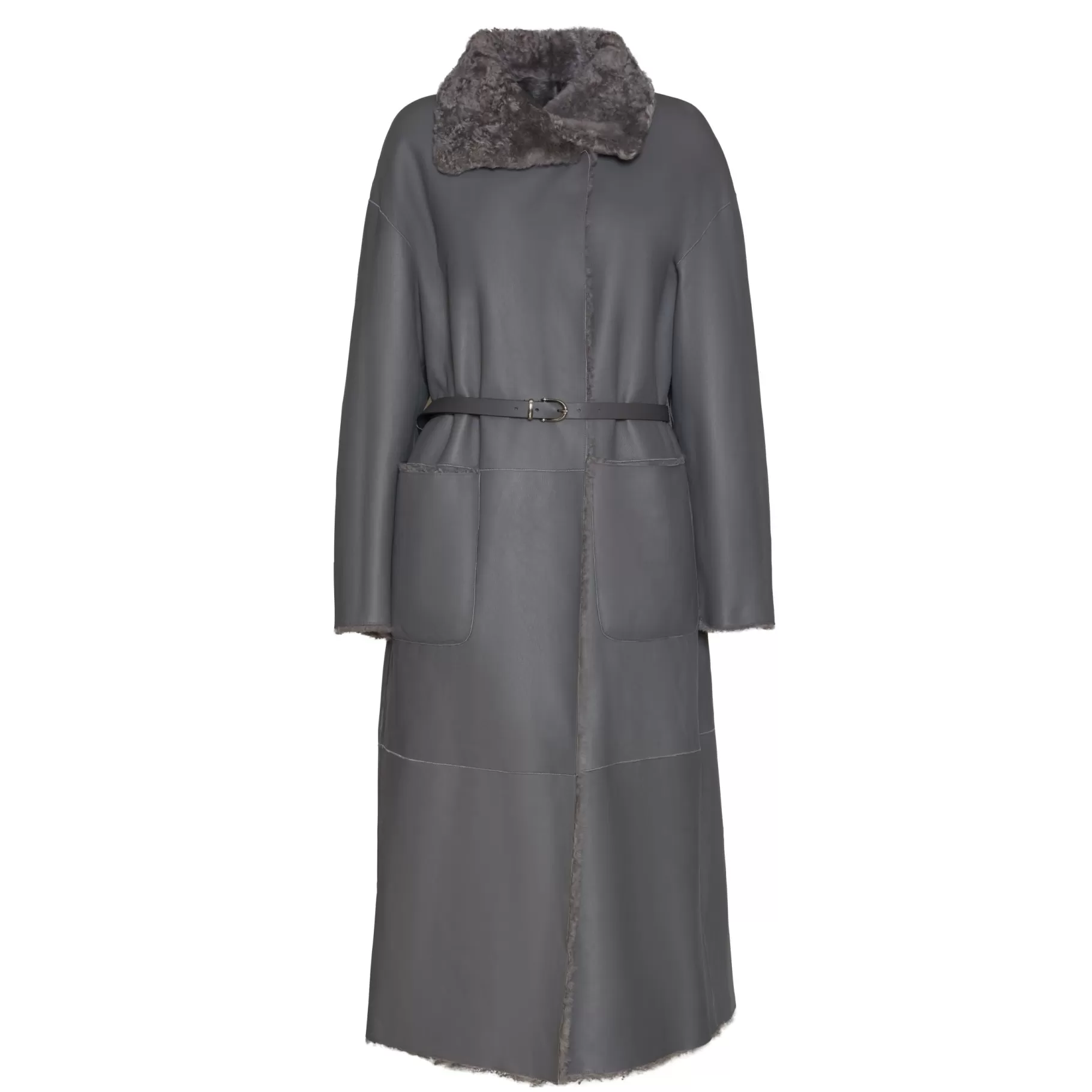 Shop Fratelli Rossetti Cappotto da donna in shearling colore grigio- Pietra
