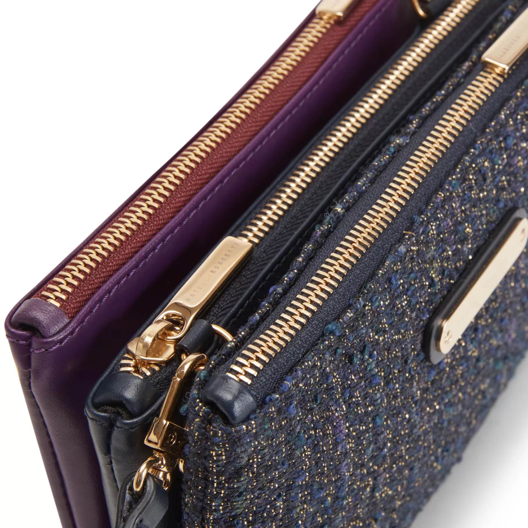 Hot Fratelli Rossetti Pochette Esquire in pelle e tessuto colore blu/ viola-